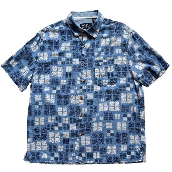 Nat Nast Men SS Button Shirt 70% Silk 30% Cotton Blue White Geometric L - Picture 3 of 11